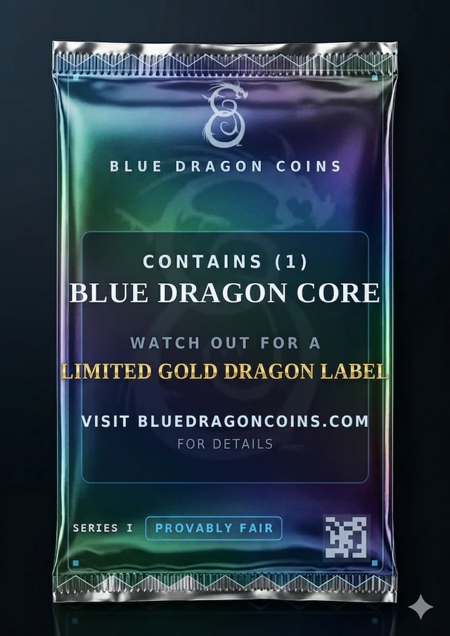 Deep Blue — Chase I Vault Pack back: disclosed odds face with Blue Dragon Core, limited gold dragon label callout, and Provably Fair badge.